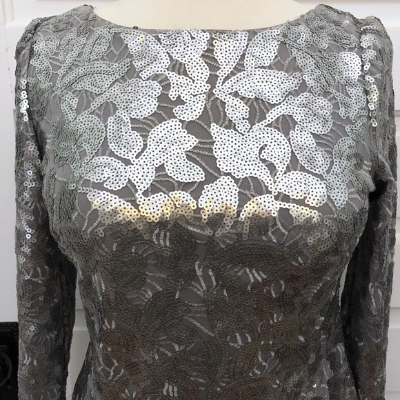 Aidan Mattox Silver Sequin Long Sleeve Cocktail - Picture 2 of 7
